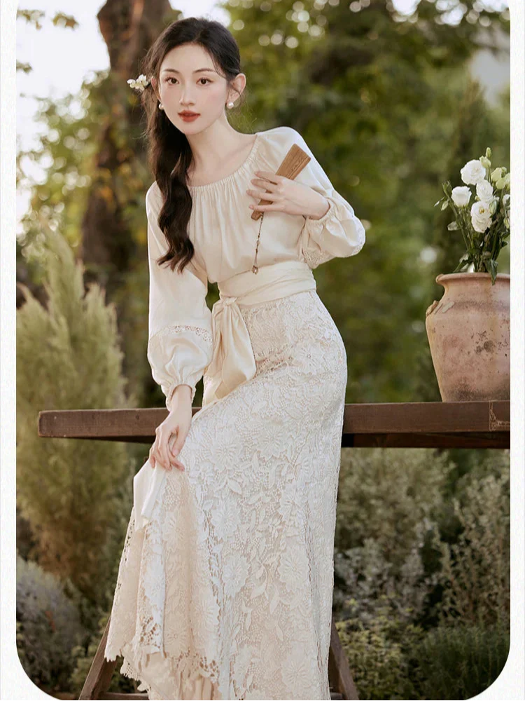 Lotus Heart Romantic Lace Cottagecore Dress Set