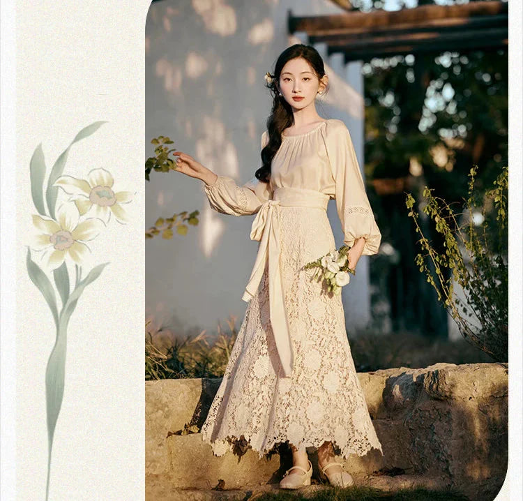 Lotus Heart Romantic Lace Cottagecore Dress Set